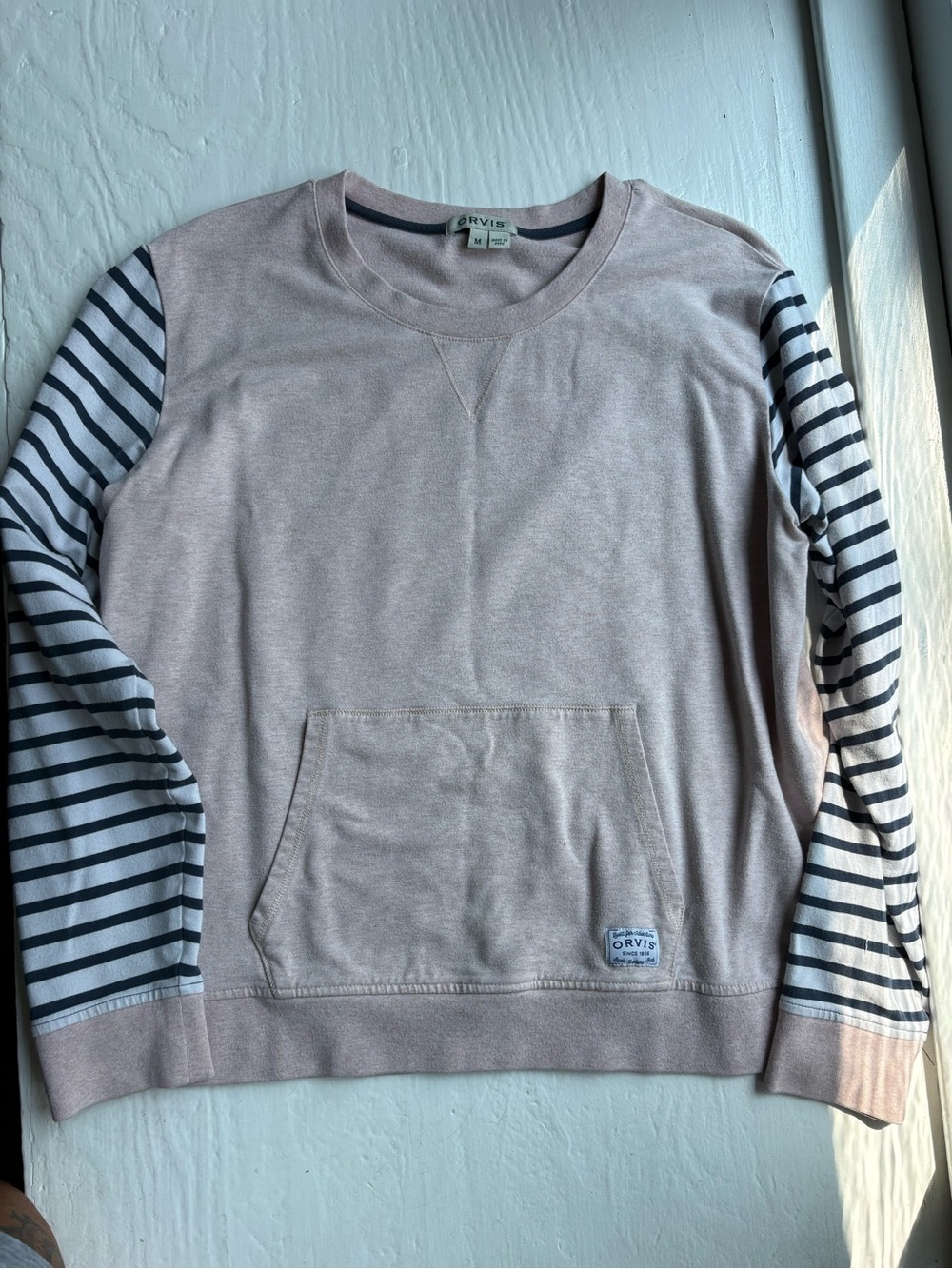 Orvis Heather Pink Striped Sleeve Kangaroo Pocket Sweater M